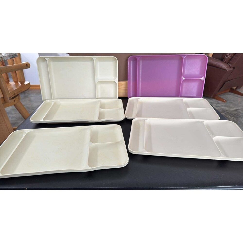 6 vintage Tupperware white and 1 Purple Divided Trays Lunch Picnic Camping